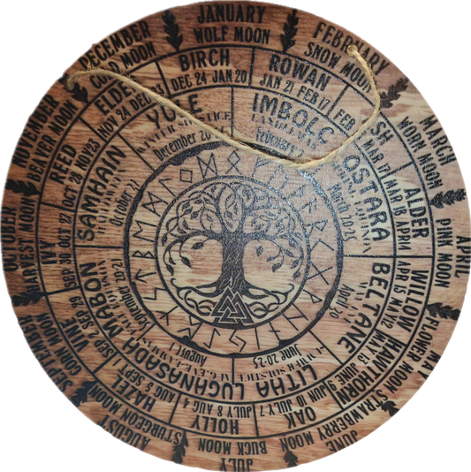 Houten bord met o.a. jaarwiel,volle manen etc